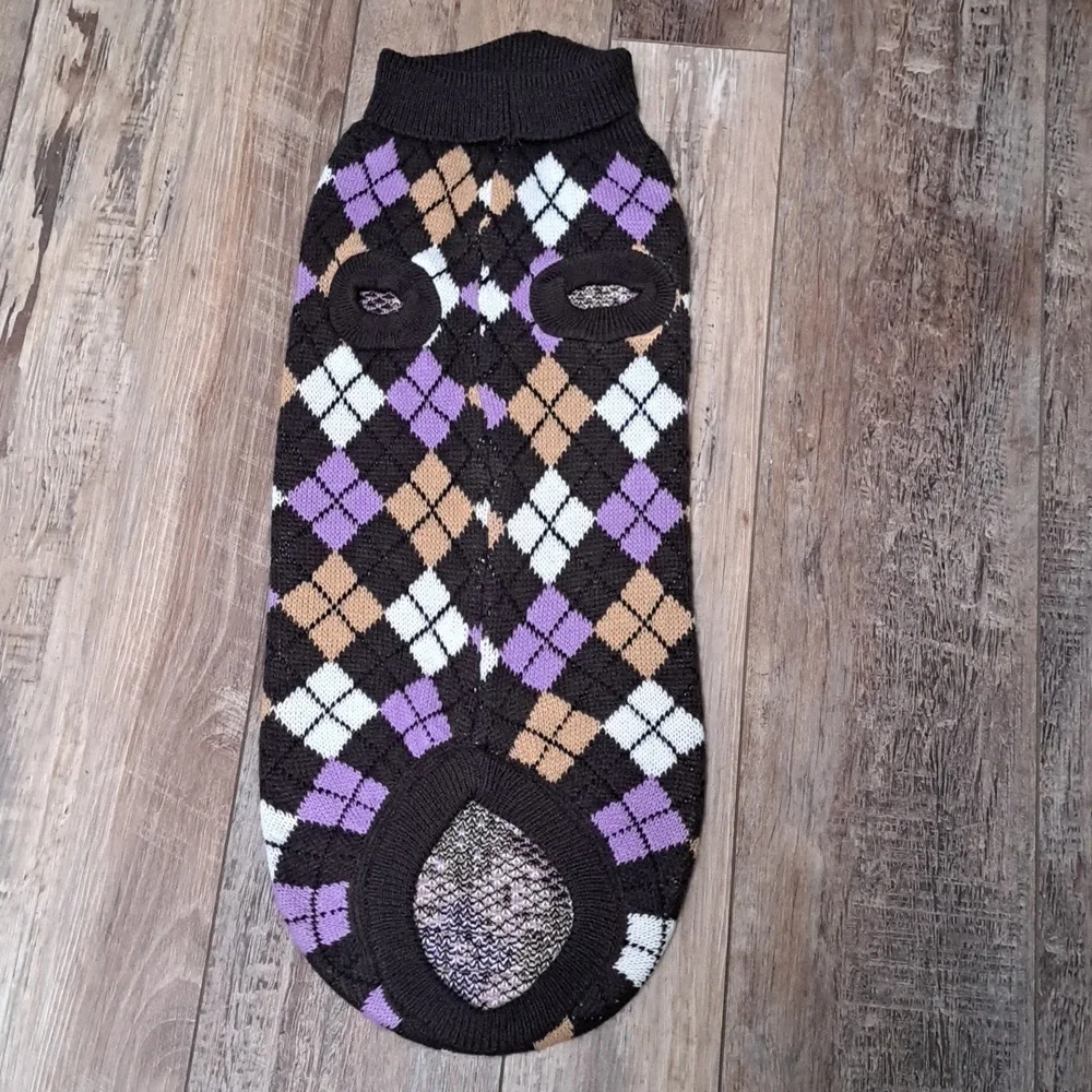 Dr Marty Knited Dog Argyle Sweater in Black, Purple, Tan & White Size Large